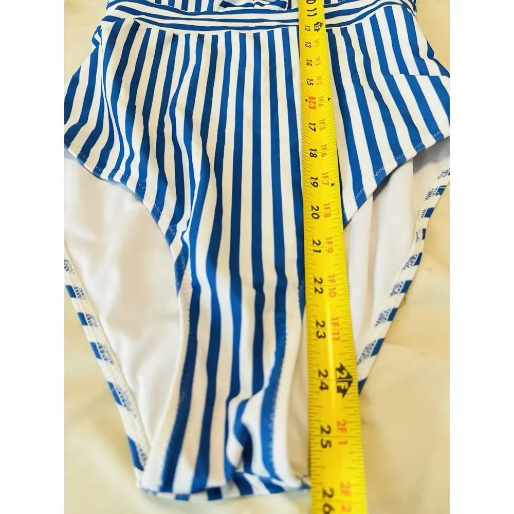 Cupshe Blue And White Stripe Coastal One Piece Swimsuit Small Ruffle Summer